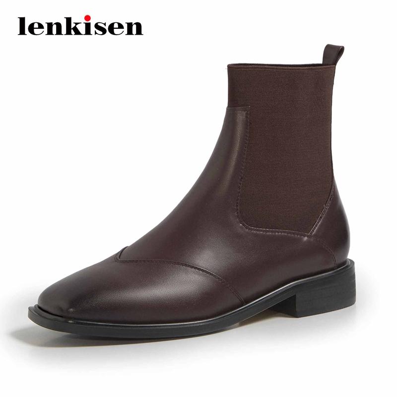 

Lenkisen british natural leather knitting vintage model square toe thick med heel slip on convenient young lady ankle boots L2f7, Black