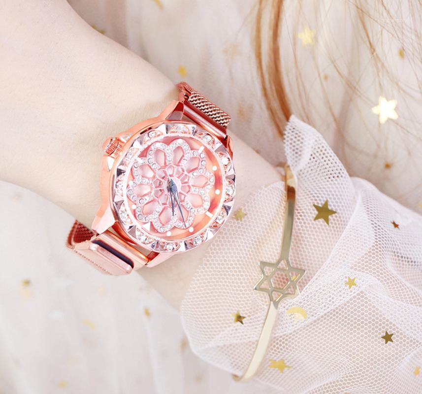 

RGTOPONE Fashion Ladies Watch Rose Gold Women Diamond Lucky Flower Quartz watches Turn Around Clock For Female Beautiful Gift1, Silver