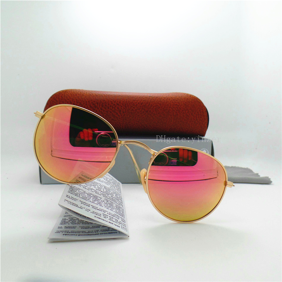 

Top Glass Lens Round Sunglasses Men Women Brand Designer Circle Unisex UV400 Mirror 51MM Outdoor Oval Metal Sun Glasses Brown Case Box