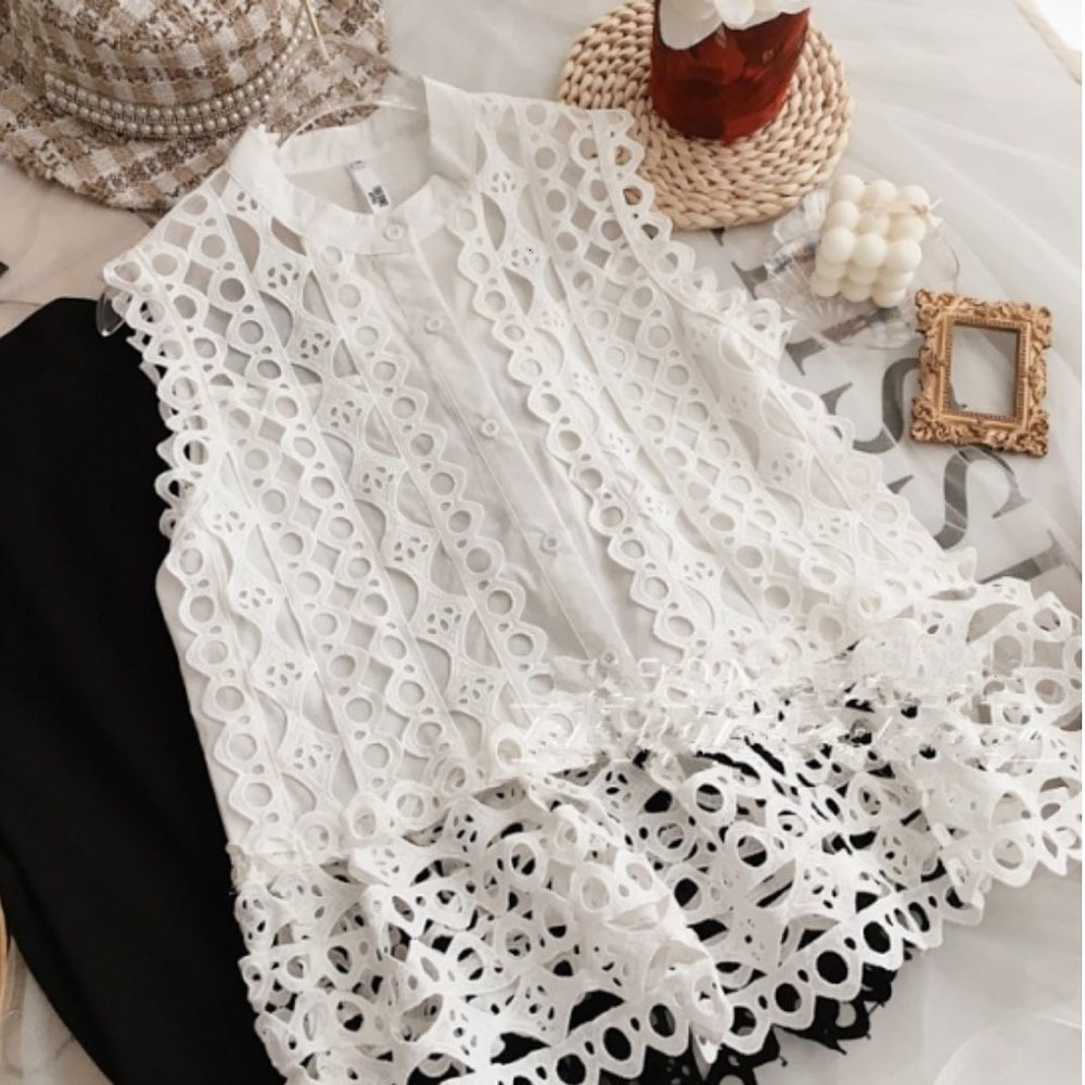 

2021 New Korean Girls Fashion Cute White Sleeveless Tops Woman Black Elegant Office Ladies Summer Blouse Shirt Female NRP6