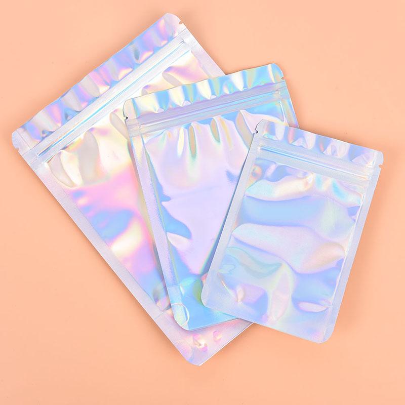 

100Pcs/pack Plastic Bag Aluminum Foil Hologram Pouch Small Water Proof Zipper Reclosable Pouches