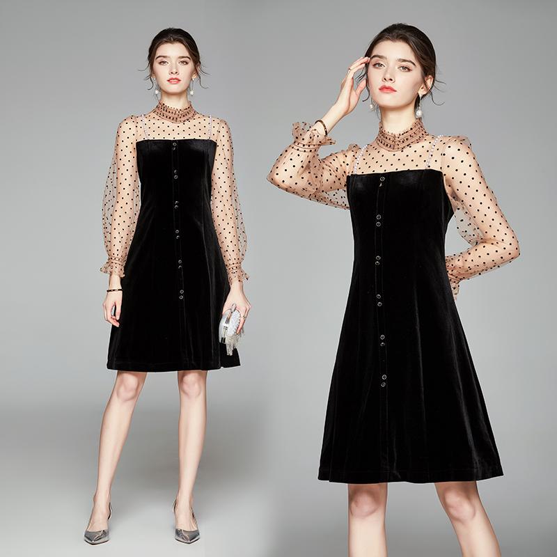 

2021 Spring Vintage Patchwork Mesh Dress Women Golden Velvet Dot Transparent Elegant Dresses Pearl Clothes, Black