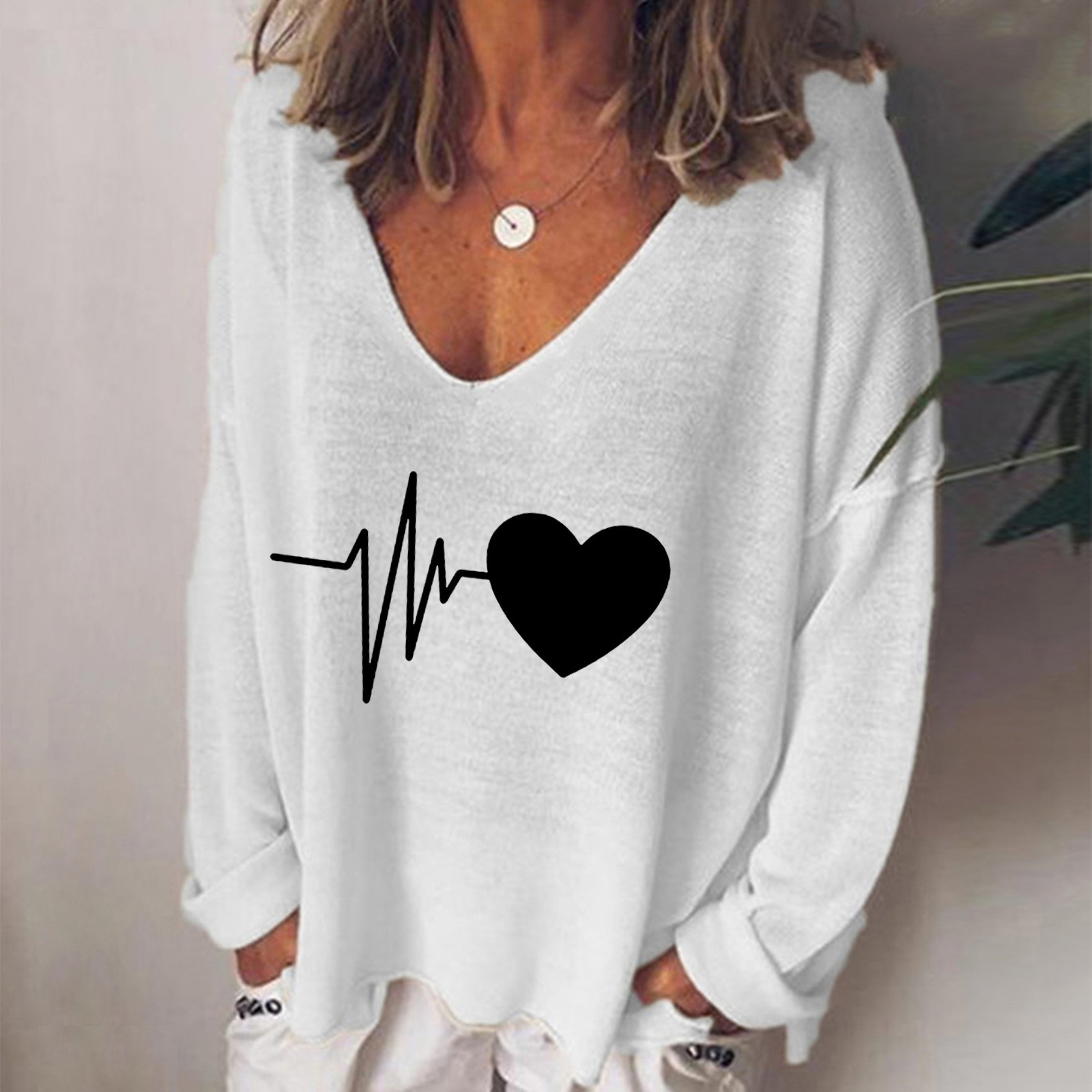 

Heart Print t Shirt for Women Long Sleeve V-neck Loose Pullover T-shirt Top Camiseta Mujer Manga Larga Plus Size Woman Tshirts