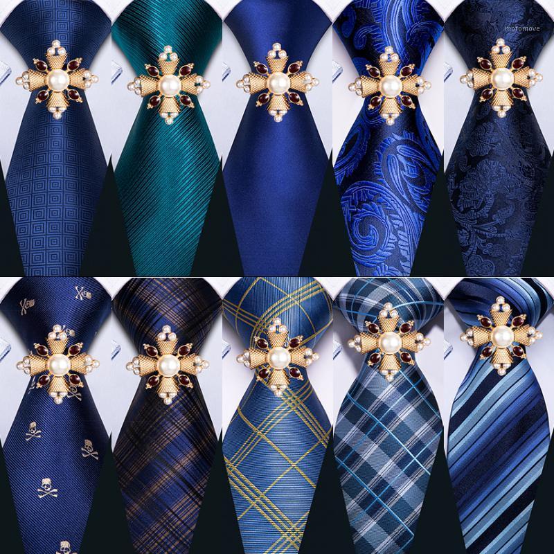 

Blue Solid Silk Men Tie Brooches Set Wedding Tie Hanky Cufflinks Barry.wang 8.5cm Fashion Designer Neckties For Men Gift Party1