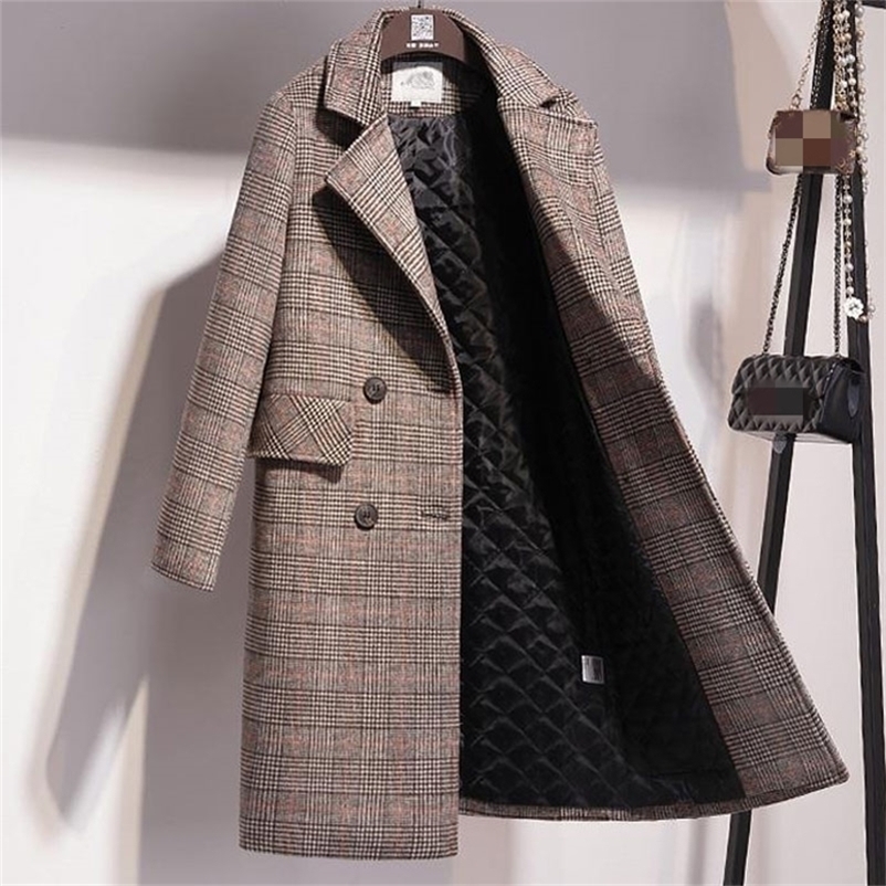 Autumn Winter Coat Women Long Coats Vintage New Korean Thick Ladies Jacket Plaid Blend Woolen Outerwear Office Lady Warm Coats 201218Z