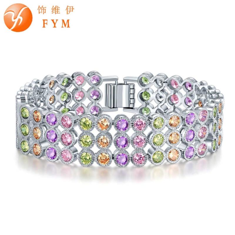 

FYM 18CM Colorful/Clear White 3 Rows Round Crystal Bracelet for Women High Quality Silver Color Cubic Zircon Bracelets & Bangle