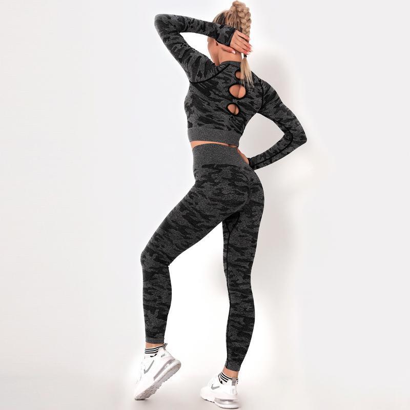 

Camouflage Seamless Suit for Yoga Fitness Women Sportswear Hollow Long Sleeve Top Leggings Sport Set Women Gym Workout Clothing1, Pants 1