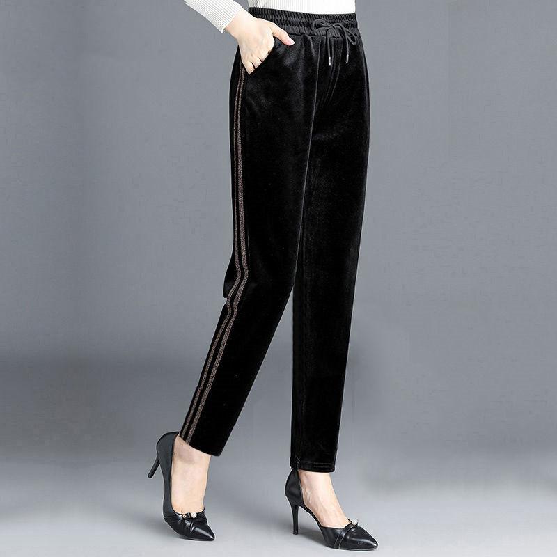 

Middle-aged Elderly Mother Gold Velvet Pants Autumn Winter Elastic Casual Straight Pants Women High Waist Sport Strousers W2272, Black