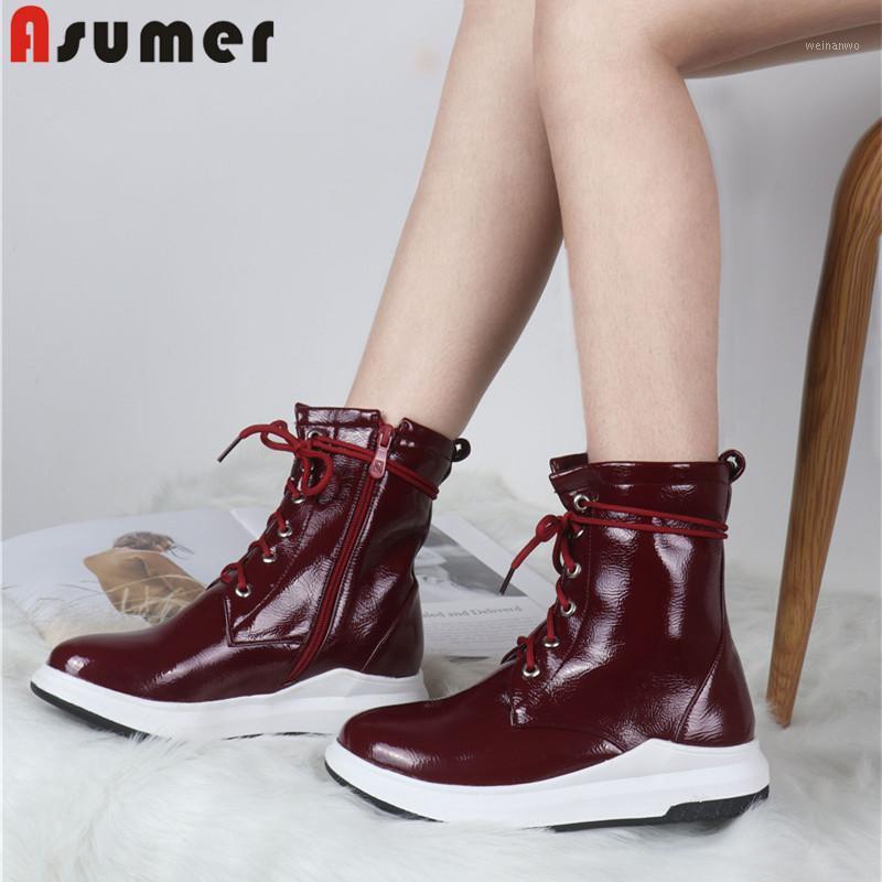 

ASUMER 2020 new arrival ankle boots round toe lace up winter boots zip simple comfortable flat casual shoes female big size 431, Black