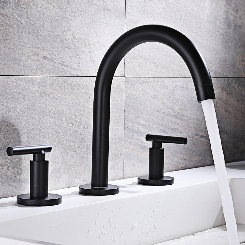 

Beiluode Black Bathroom Basin Faucet Hot Cold Water Faucet Three Holes Two Handle Mixers Tap Deck Mount Wash Tub Fauctes MT2023