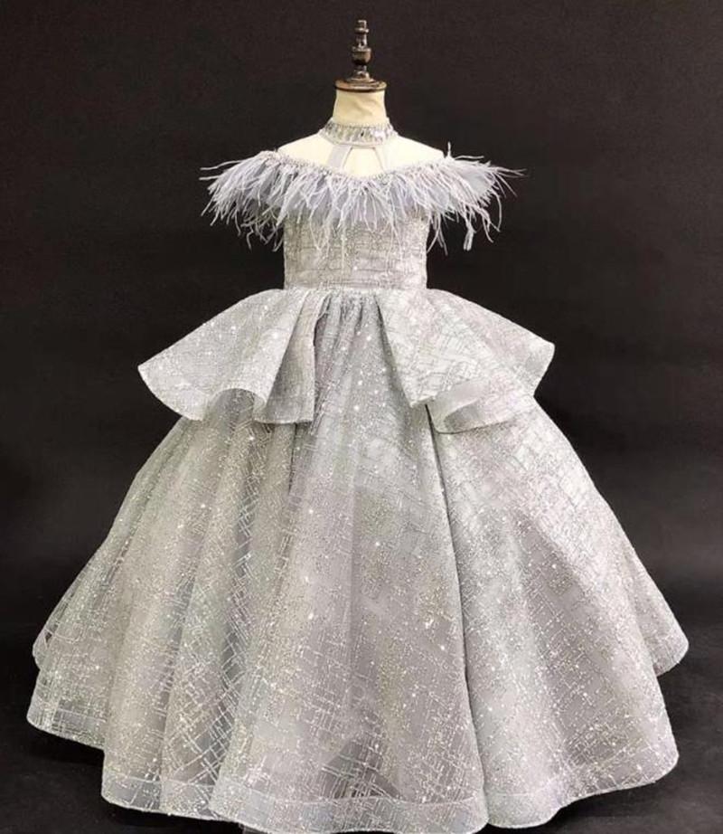 

Luxury Girl Pageant Dresses Sheer Neckline Feather Sequins Ball Gown Elegant Girls Birthday Party Gown, Style2