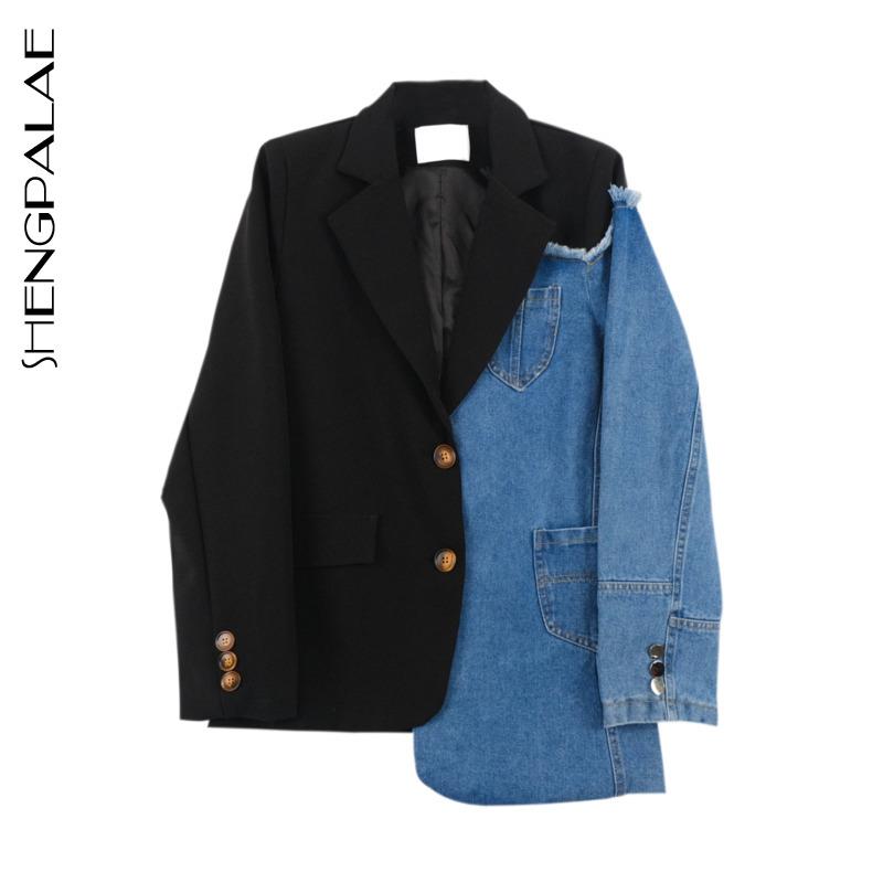 

SHENGPALAE Streetwear Blazerfor Women' 2020 Autumn Lapel Single-breasted Denim Patchwork Contrast Color Loose Siut Coat 5A519, Picture color