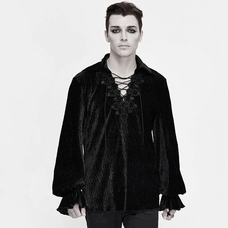 

Vintage Men Shirts Male Blouse Gothic Black Solid Color Mens Top V Neck Men Clothing Long Sleeve Shirt