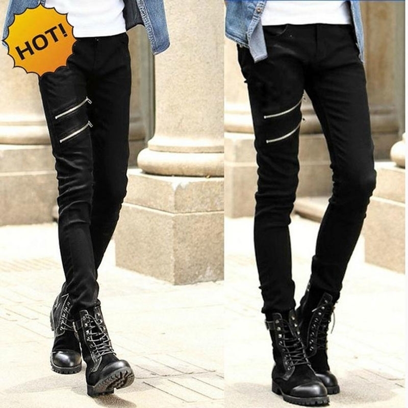 

Wholesale Fashion summer Men's jeans man Teenagers biker skinny Mens sulee jeans male denim Double zipper black pants 201116