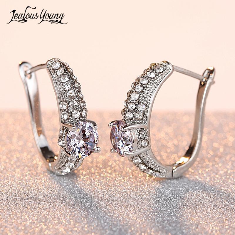 

NEW U Type Zircon Stud Earrings Silver Color Jewelry for Women Round Crystal Studs Brincos Jewelry Gift