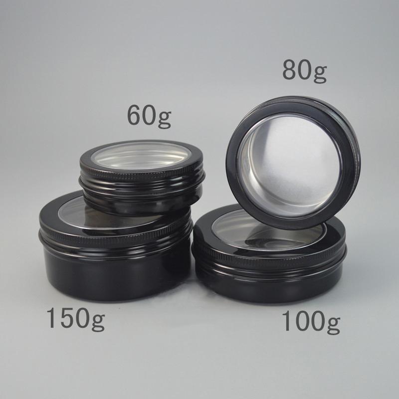 

60g 80g 100g 150g Black Aluminum Jar with Window lid Makeup Cosmetic Face Cream Packing Candy Metal Bottle Free Shipping