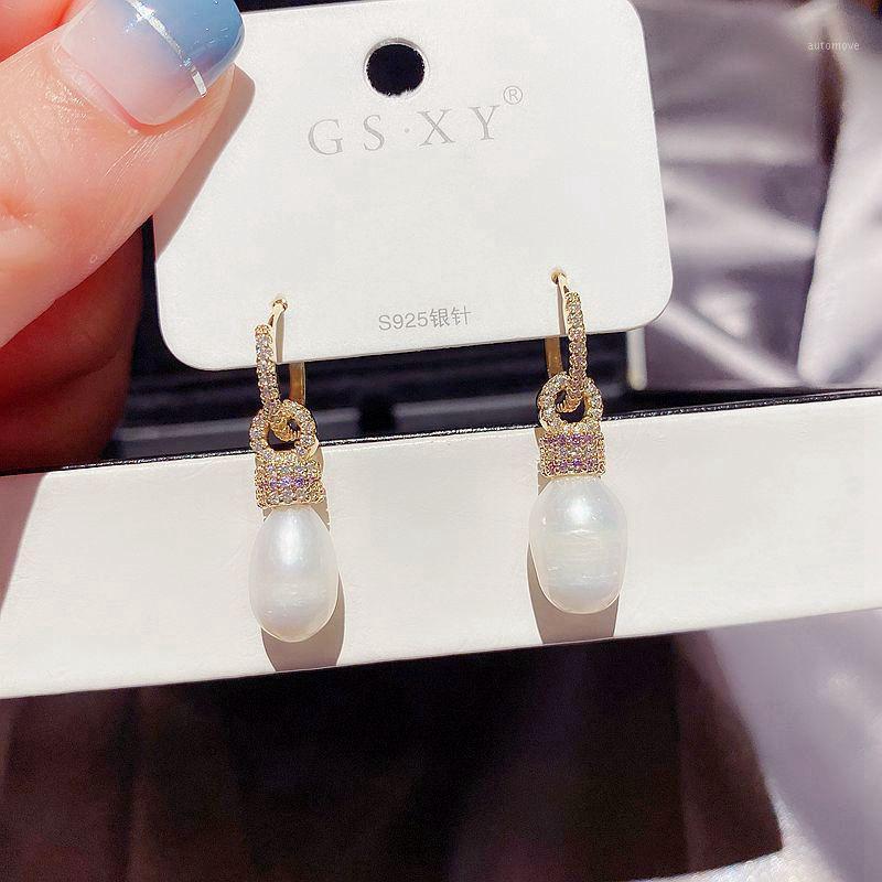 

MIGGA 2020 New Freshwater Pearl Earrings Gold Color Micro Paved Cubic Zirconia Dangle Earrings Women Jewelry1