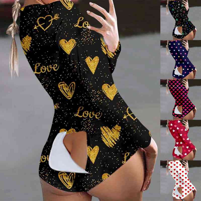 

Valentines Day Functional Buttoned Flap Adults Onesie Women Pajamas Sexy Sleepwear Button Bodysuits Short Romper Onesies Adult, Black;white