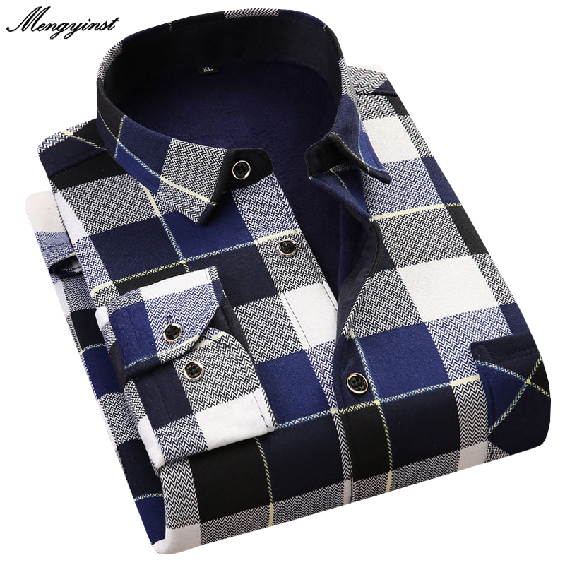 Winter Mens Long Sleeve Plaid Warm Thick Fleece Lined Shirt Fashion Soft Business Casual Flannel Single-breasted Dress Shirts C1211