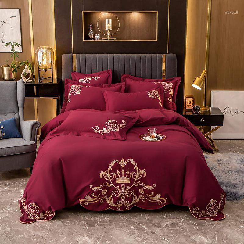 

European style Bedding Set 100% cotton embroidery Bed Linens red Bed Sheet Set Bedclothes Queen/King Size cover 4pcs1