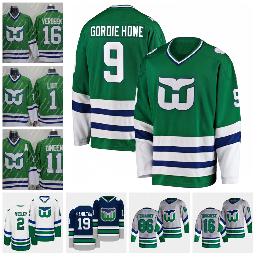 

9 Gordie Howe Hartford Whalers Carolina Hurricane Sebastian Aho Vincent Trocheck Ron Francis Verbeck Mike Liut Kevin Dineen Hockey Jerseys, Player jersey - green s-xxl