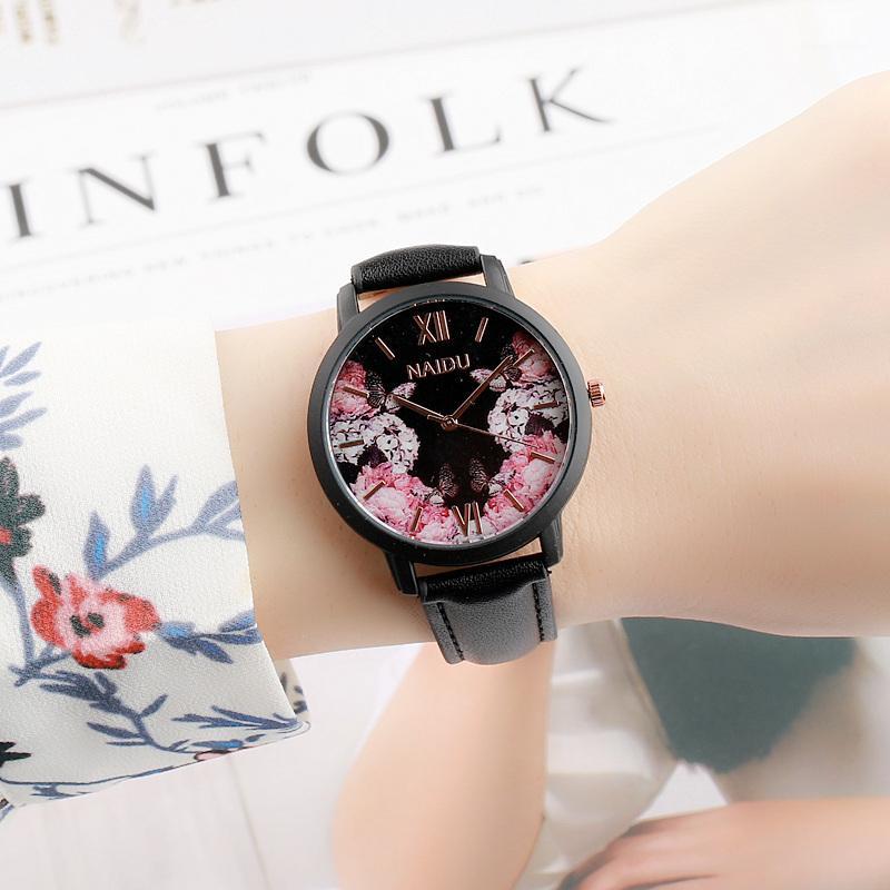 

Exquisite flowers ladies dress watch retro leather female clock top brand fashion mini design student watch clock gift1, Brown