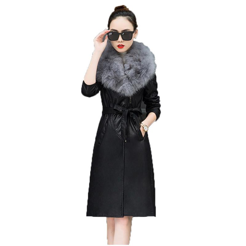 

Women faux leather coat black gray plus size PU long jacket 2020 autumn winter new korean lapel plus thick warmth jacket LR677