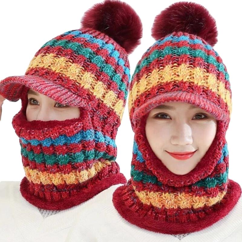 

Women Winter Balaclava Beanie Hat with Visor Striped Pompom Ski Mask Neck Warmer 6XDA