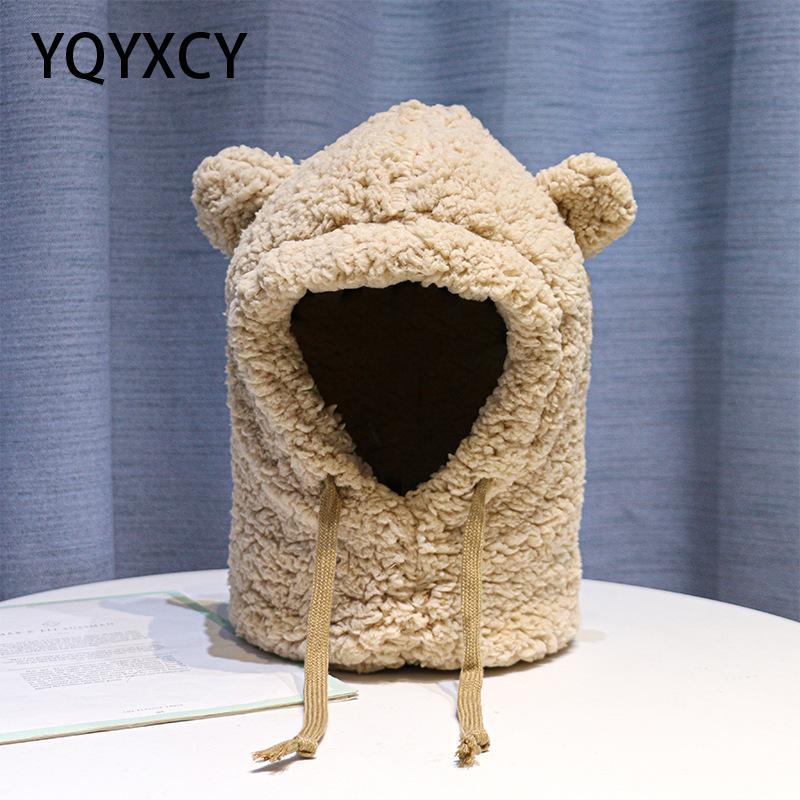 

YQYXCY Bear Hat Scarf One Piece Set Women's Winter Beanie Plush Warm Cute Ear Neck Protection Bonnet Femme Korea Winter Cap, White