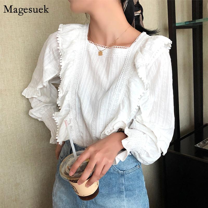 

Autumn New Square Collar Puff Sleeve Top Shirts Women 2020 Korean White Blouse Femme Ruffles Vintage Women Blouses Blusas 12077