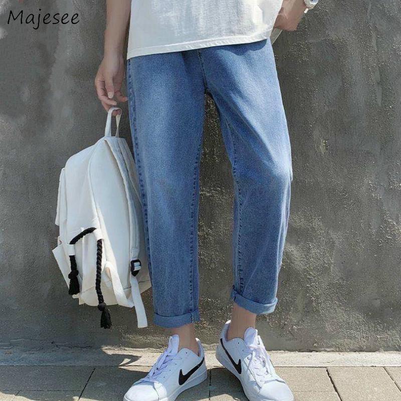 

Men Jeans Korean Style Plus Size 3XL Loose Ankle-length Straight Denim Trousers Student Simple High Quality Drawstring Solid Ins, Blue