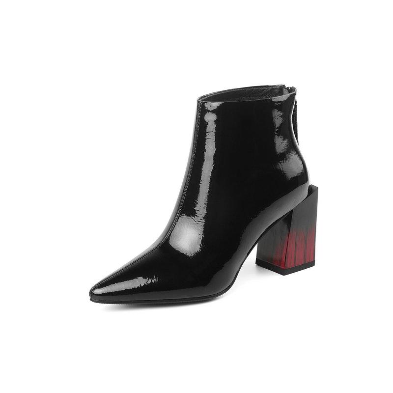 

2020 Fashion Genuine Leather Zipper Women's Ankle Boots Pointed Toe Thick Heels Shoes Party Office Lady Shoes Woman Heels, Black