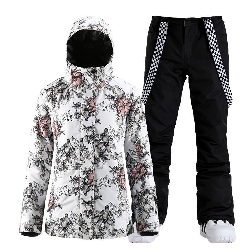 

Winter New Ladies Ski Suit Windproof Waterproof Warm Outdoor Climbing Veneer Double Snow Coat+Trousers 912, White trousers