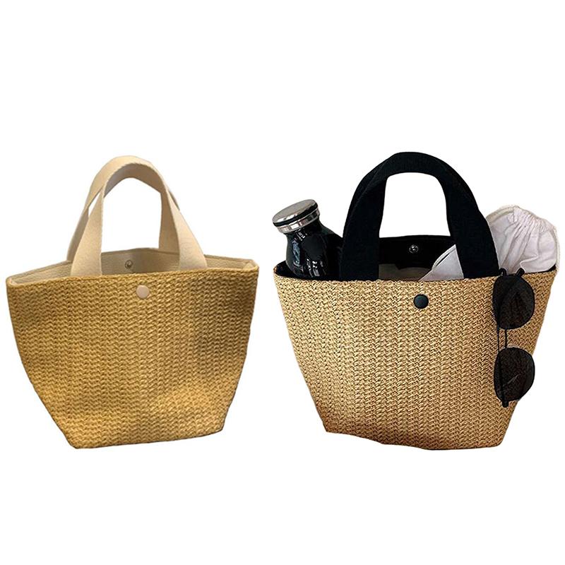 

Capacity Straw Bags Women Handmade Woven Basket Bag Tote Summer Bohemian Beach Bags Canvas Lady Handbags, Black and brown