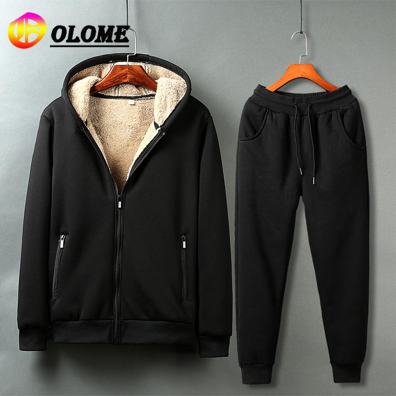 

Winter Plush Cashmere Casual Hood Set Men Thicken Jacket+Pant Warm Fur Inside Winter Sweatshirt Waterproof 2 Piece Set Solid, Black