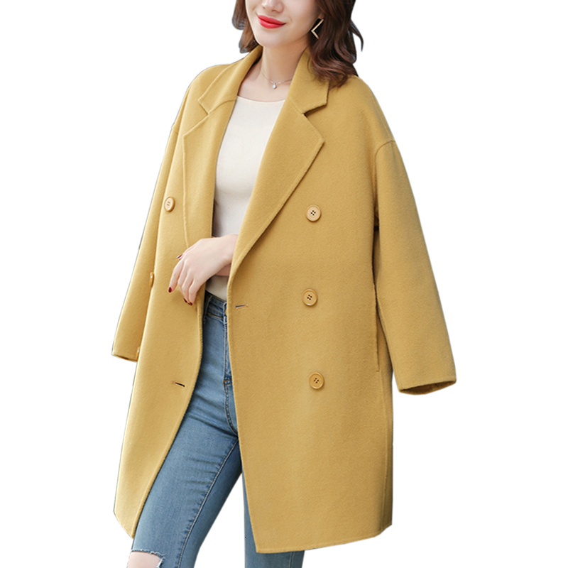 

2021 New Women's Hot Mixtures Outerwear Female Yellow Elegant Double Wool Coat Breasted W5WF, Black