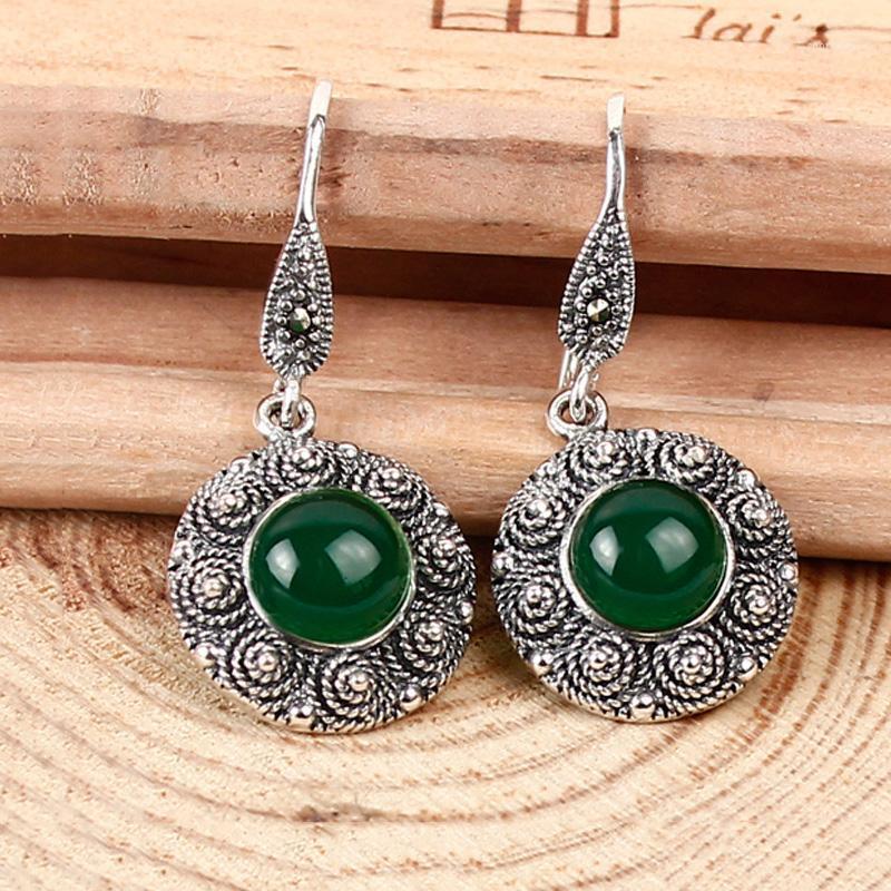 

Natural Black Green Stone Earring 925 Silver Women Vintage S925 Thai Silver boucle d'oreille Drop Earrings1