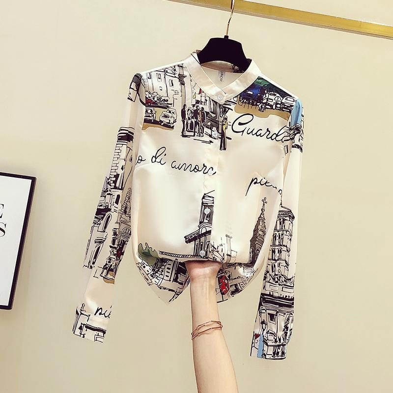 

Vintage Print Shirt Women Long Sleeve Chiffon Blouse 2020 Autumn New Arrival Modis Tops1, As pictures