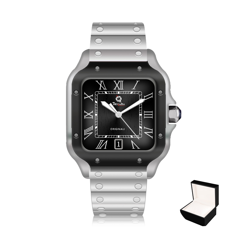 

Men's Automatic Mechanical Watch REQUIN Santo Silver White Stainless Steel Case Leather Strap W2SA Three-Hand Calendar Black Dial Fashion Casual Sports 100XL Brand, Box