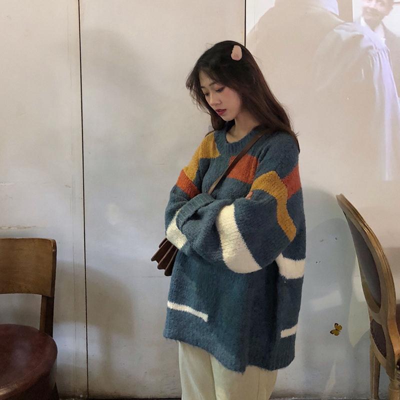 

Woman Sweaters Autumn Winter Stitching Striped Length Pullover Sweater Women's Loose Sweater Coat Femme Chandails Pull Hiver, Blue