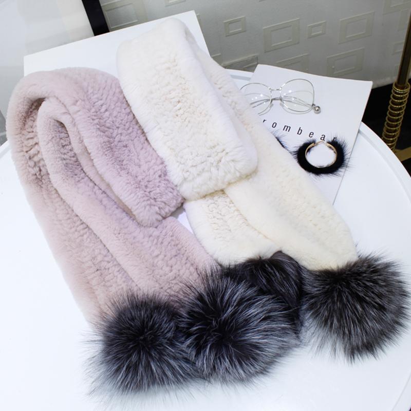 

Woman Long Scarf 100% Natural Rex with Sliver Fur pom Poms Neckerchief Winter Fashion Warm Good-Quality Shawl
