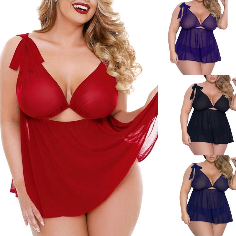 

Woman' Seductive Mesh See-through Sexy Lingerie Solid Color Backless Bow Sun-top Low-cut One-piece Dress 2020 Plus Size