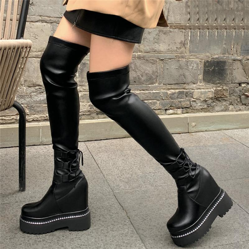 

Thigh High Fashion Sneakers Women Genuine Leather Wedges High Heel Over The Knee Boots Female Slim Leg Platform Pumps Shoes1, Black
