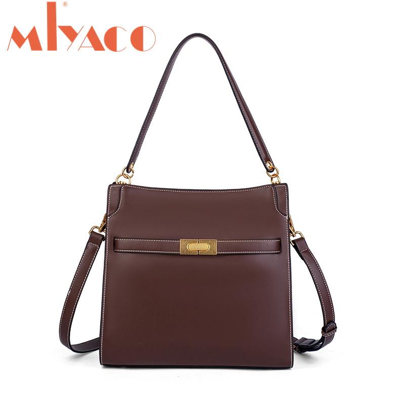 

Miyaco Brand 2021New bag for women portable multi-compartment large-capacity commuter bag cowhide lock tote leather handbag, Brown