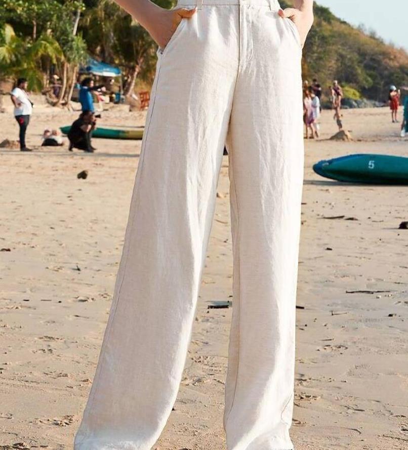 

2021 New Cotton Linen Leg Wide Beach Slacks Bohemian Vintage Waistband High Color Pants Straight P7YB, White.