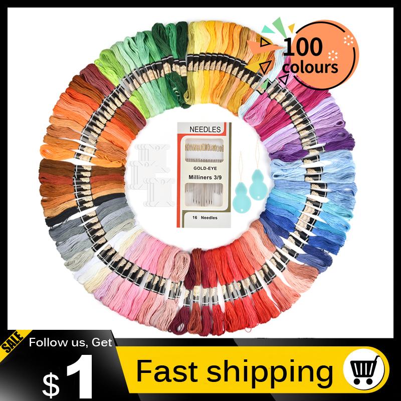 

Embroidery Kit 100 Colors Threads Cross Stitch Tools and Embroidery Starter Kit for Beginner Hoops Cloth Sewing Pins