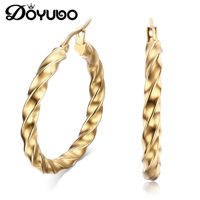 

DOYUBO New Arrival Women's 316L Stainless Steel Big Earrings With Screw Pattern 36MM Lady Classical Large Earrings Jewelry DB004