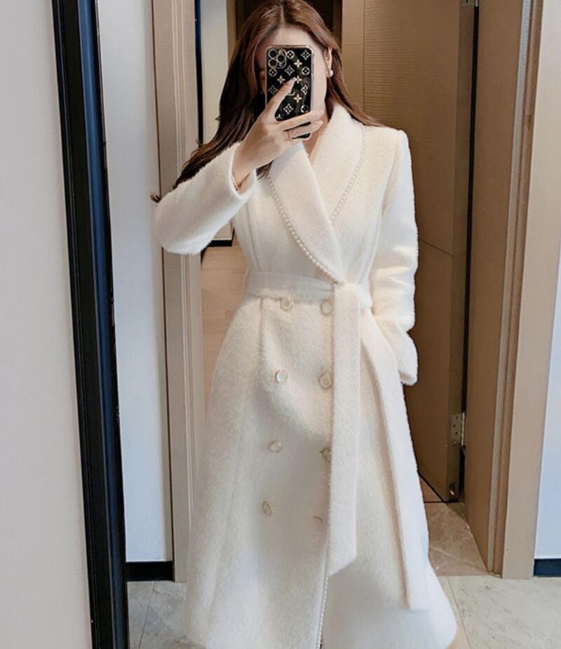 

Fashionable Beading Woolen Coat Women Solid Double Breasted With Sashes Mid-length Wool Overcoat s356, Cream white