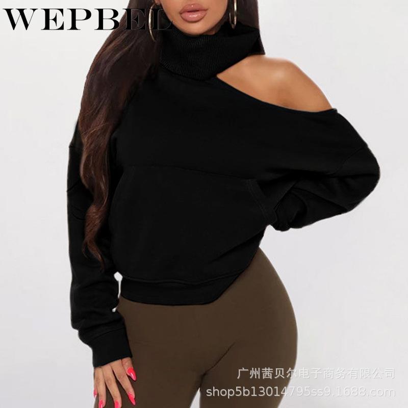 

WEPBEL Autumn Long Sleeve Turtleneck Off-Shoulder Loose Sweatshirt Tops Women' Sexy Solid Color Pullover Sweatshirt, Black