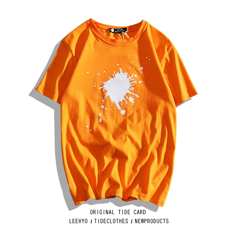 

2021 New Summer Hip Hop Cotton Splash Paint Shirt Hipster Neck Loose Couple t Male Top European American Style YG5R, White